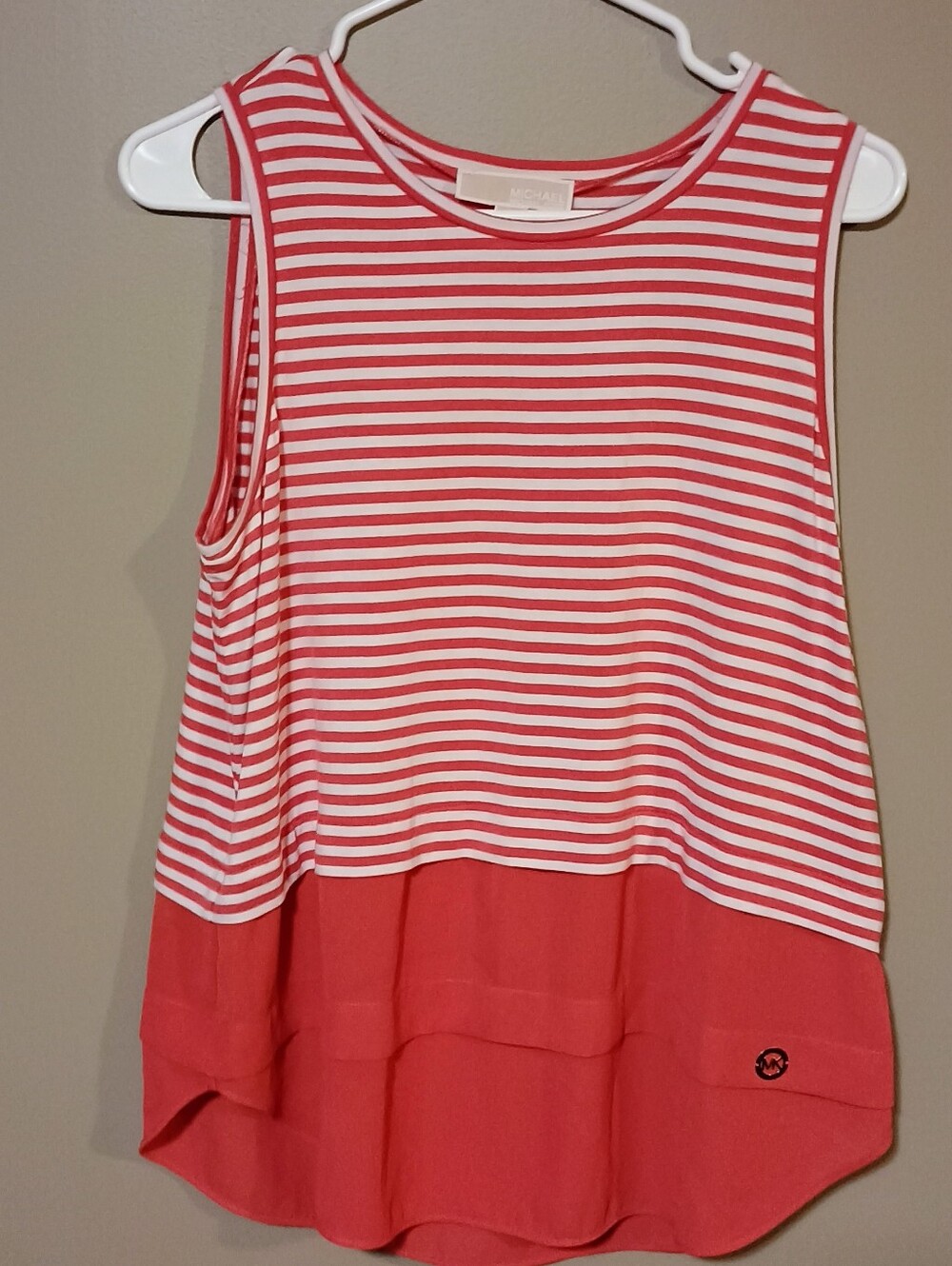 Michael Kors Women's Striped Layered Sleeveless Top in Coral and White